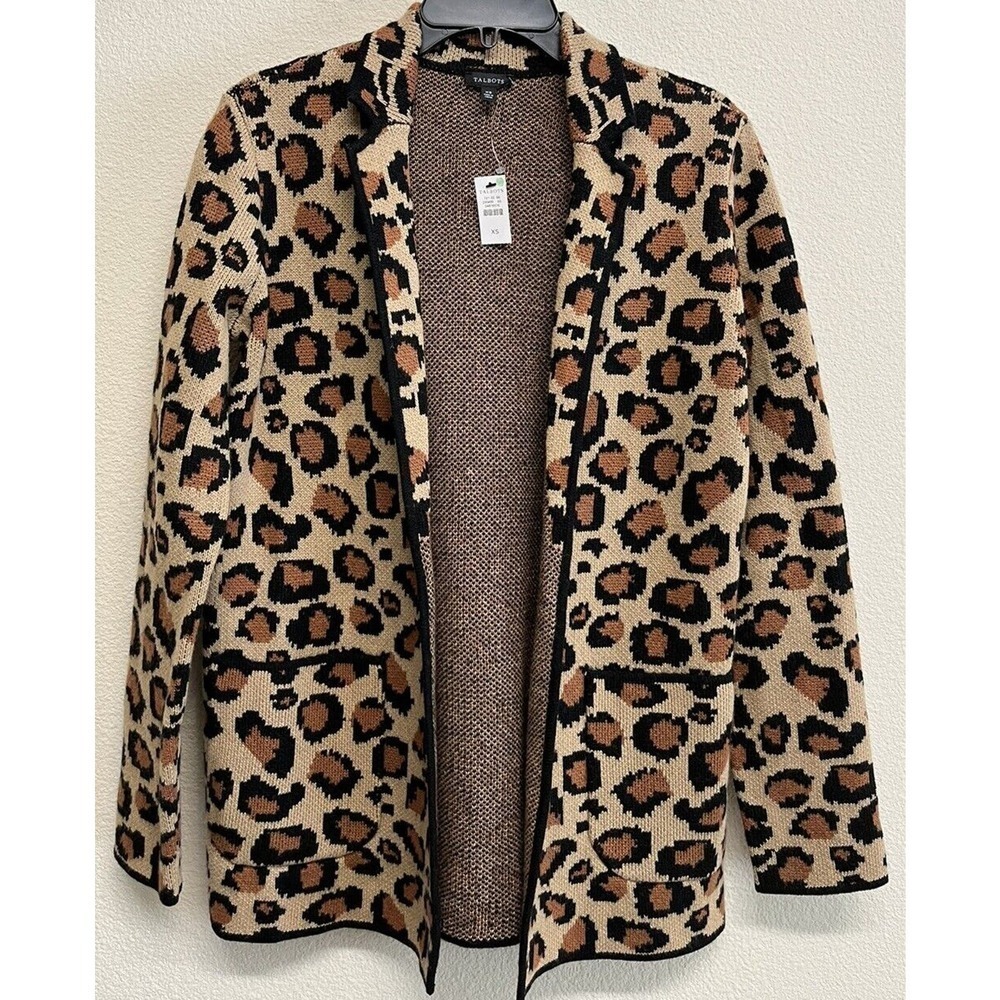 Talbots Leopard Cardigan Knit Blazer Size XS Wool Blend Tan NEW
